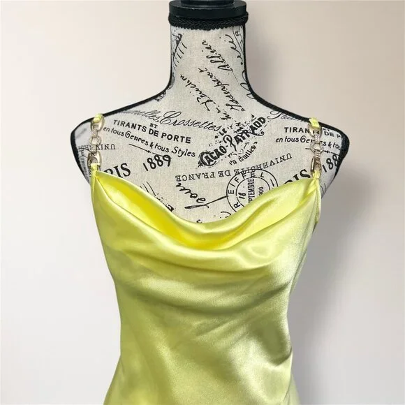 New Jump Apparel M Yellow Satin Cowl Neck Bodycon Mini Dress Prom Party  Cocktail
